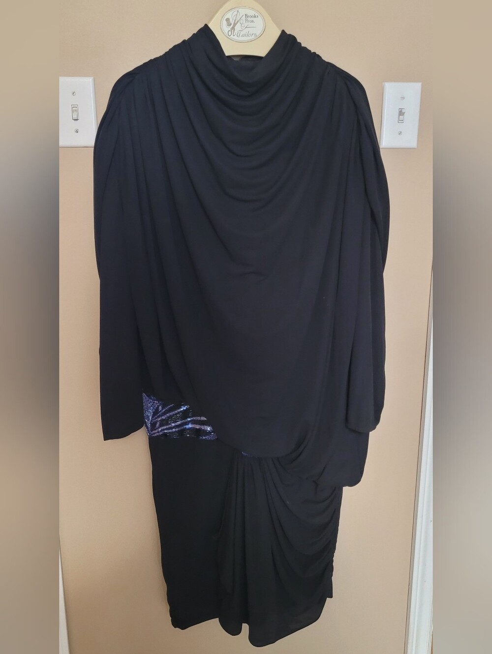 Black Draped Evening Dress with Sequin Accent. 80's